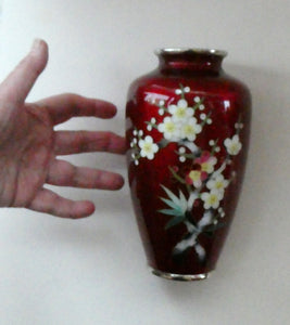 Antique Japanese Cloisonne Red Ginbari Enamel Vase with Ando Jubei Studio Flower Mark Media 1 of 26