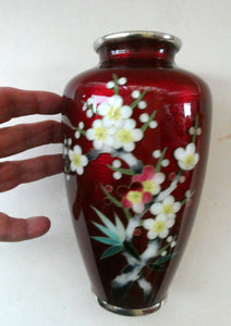 Antique Japanese Cloisonne Red Ginbari Enamel Vase with Ando Jubei Studio Flower Mark Media 1 of 26