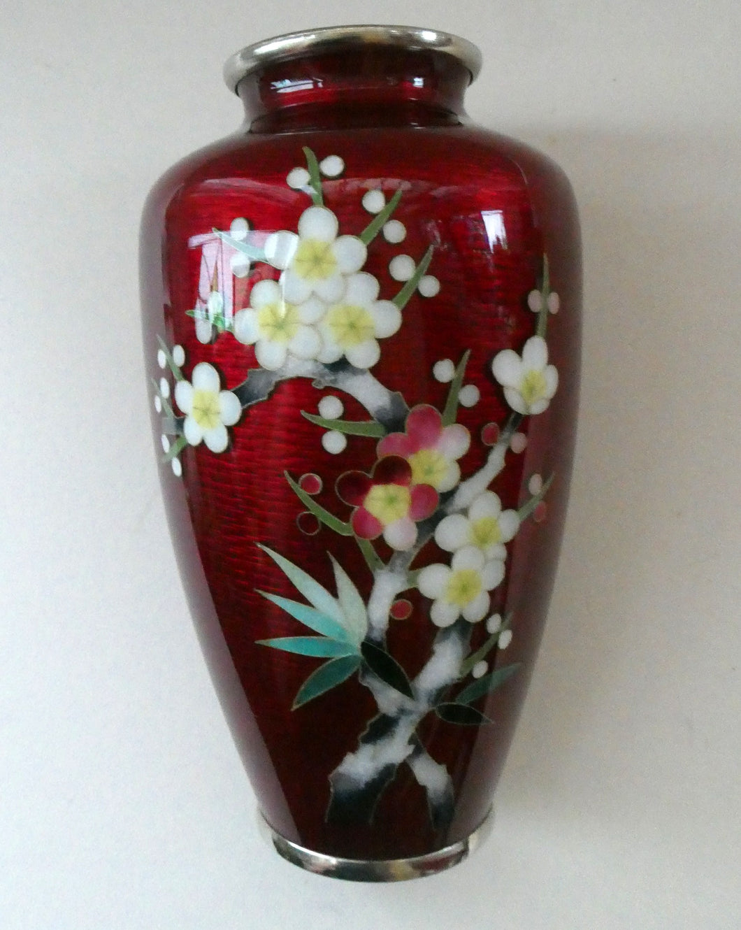 Antique Japanese Cloisonne Red Ginbari Enamel Vase with Ando Jubei Studio Flower Mark Media 1 of 26