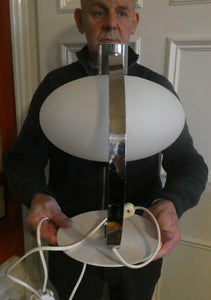 Vintage 1970s Table Lamp with White Opaque Glass Shade and Curved Chrome Arm