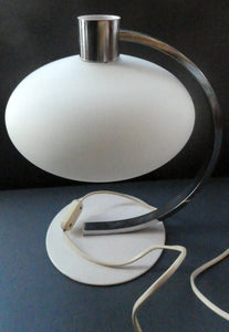 Vintage 1970s Table Lamp with White Opaque Glass Shade and Curved Chrome Arm