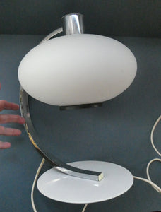 Vintage 1970s Table Lamp with White Opaque Glass Shade and Curved Chrome Arm