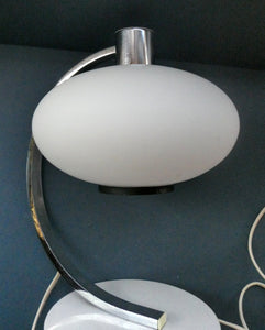 Vintage 1970s Table Lamp with White Opaque Glass Shade and Curved Chrome Arm