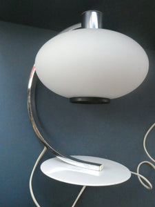 Vintage 1970s Table Lamp with White Opaque Glass Shade and Curved Chrome Arm