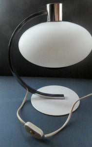 Vintage 1970s Table Lamp with White Opaque Glass Shade and Curved Chrome Arm