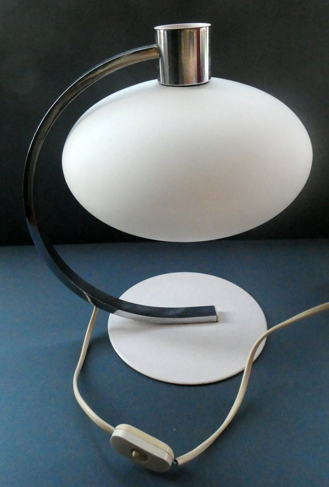 Vintage 1970s Table Lamp with White Opaque Glass Shade and Curved Chrome Arm