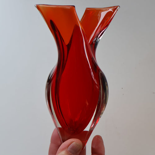 1960s Murano SOMMERSO Fish Tail Vase. Red Glass Cased with Clear. 8 inches high