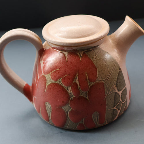 1970s STUDIO POTTERY.  Small Teapot with Terracotta Abstract Floral Motifs. Crich Pottery (Diana Worthy)