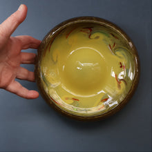 Load image into Gallery viewer, 1950s Scottish STRATHEARN Glass Shallow Bowl in Eye-Catching Yellow Shade with Tutti Frutti &amp; Black Flecks
