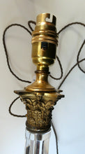 Load image into Gallery viewer, Antique 1890s Victorian SIGNED OSLER Corinthian Pillar Table Lamp with Brass Base and Capital and Fluted Crystal Pillar Section
