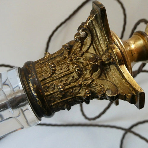 Antique Victorian OSLER Corintian Table Lamp with Brass Base and Capital and Fluted Crystal Upstand Section. SIGNED