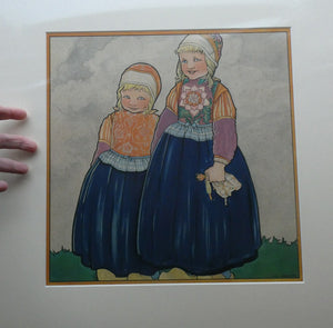 Original Large 1930s Colour Lithograph by Rie Cramer (1887-1977). Two Girls in Traditional Dutch Costume.