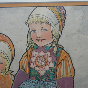Original Large 1930s Colour Lithograph by Rie Cramer (1887-1977). Two Girls in Traditional Dutch Costume.