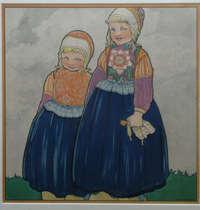 Original Large 1930s Colour Lithograph by Rie Cramer (1887-1977). Two Girls in Traditional Dutch Costume.