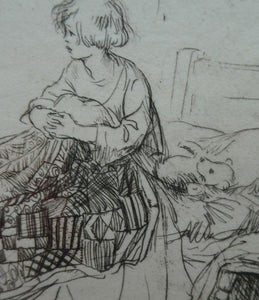 Cute Original Etching by EILEEN ALICE SOPER (1905 - 1990). Bedtime. Published 1922. Signed in Pencil