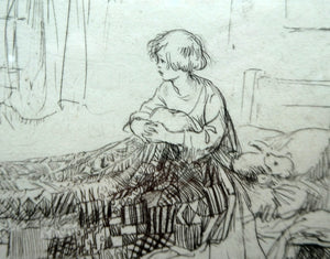 Cute Original Etching by EILEEN ALICE SOPER (1905 - 1990). Bedtime. Published 1922. Signed in Pencil