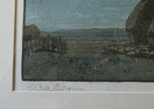 Load image into Gallery viewer, Scottish Colour Woodcut of Two Haystacks in the Moonlight by LCA Brown. Art Deco Print
