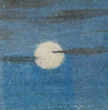 Load image into Gallery viewer, Scottish Colour Woodcut of Two Haystacks in the Moonlight by LCA Brown. Art Deco Print
