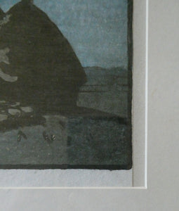 Original Art Deco Colour Woodcut by EC Austen-Brown. Hay Stacks in the Moonlight. Pencil Signed