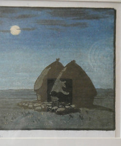 Original Art Deco Colour Woodcut by EC Austen-Brown. Hay Stacks in the Moonlight. Pencil Signed