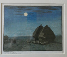 Load image into Gallery viewer, Scottish Colour Woodcut of Two Haystacks in the Moonlight by LCA Brown. Art Deco Print
