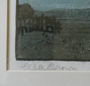 Original Art Deco Colour Woodcut by EC Austen-Brown. Hay Stacks in the Moonlight. Pencil Signed