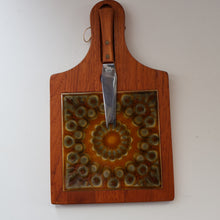 Load image into Gallery viewer, 1960s DANISH TEAK Vintage Cheese or Chopping Board with Ceramic Tile &amp; Orirignal Cheese Knife
