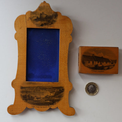 TWO Antique 19th Century MAUCHLINE Ware Pieces. Small Table Top Picture Frame & Matchbook Cover