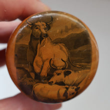 Load image into Gallery viewer, Antique 19th Century MAUCHLINE Ware Box in Shape of a Cotton Reel. CHILLINGHAM WILD CATTLE Image
