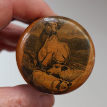 Load image into Gallery viewer, Antique 19th Century MAUCHLINE Ware Box in Shape of a Cotton Reel. CHILLINGHAM WILD CATTLE Image
