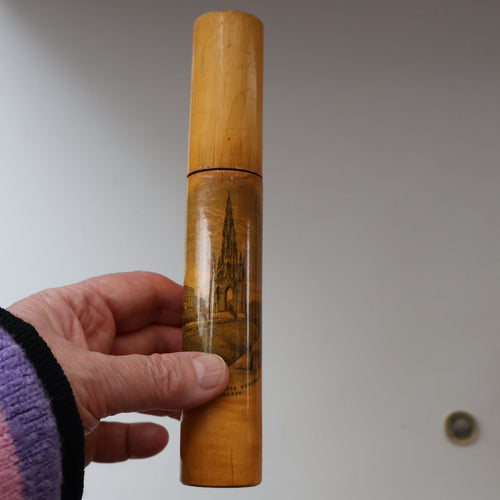 Antique 19th Century MAUCHLINE Ware Cylindrical NEEDLE CASE with image of the Scott Monument, Edinburgh