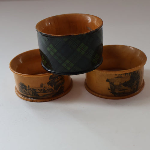 THREE: Antique 19th Century MAUCHLINE Napkin Rings. Two with Jedburgh Images & One Tartanware