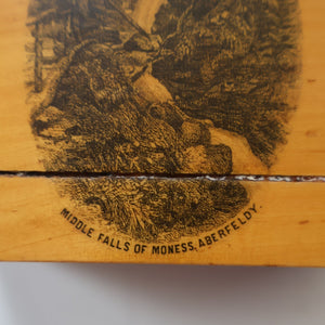 Antique 19th Century MAUCHLINE Ware MONEY BOX or BANK. In the Form of a Castle (with image of the Aberfeldy Waterfall)