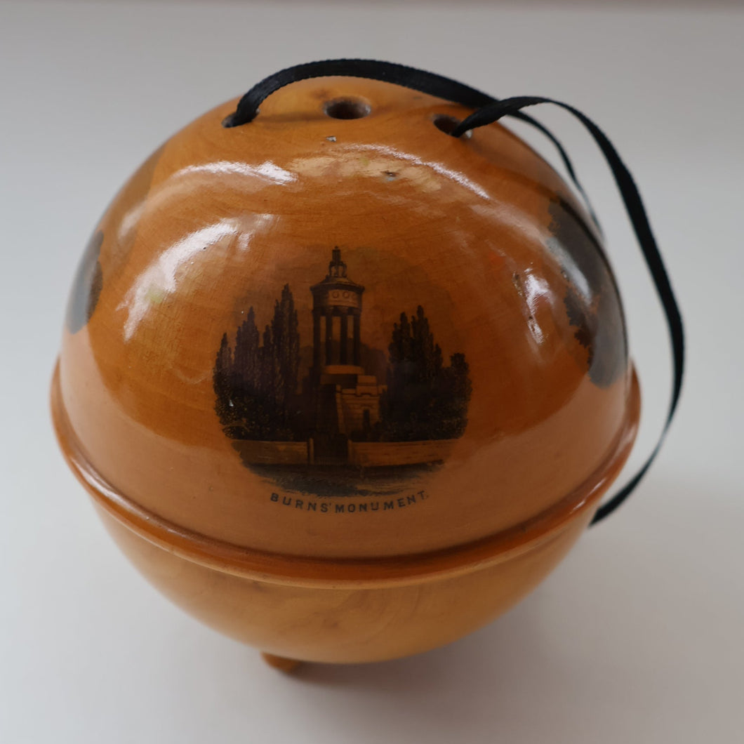 Antique 19th Century MAUCHLINE Ware String Box or Ball (with applied feet). ROBERT BURNS Interest