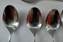 Load image into Gallery viewer, Vintage 1970s Stainless Steel SPANISH Cutlery by Ribera. Eight Dessert Spoons and One Large Serving Spoon Media 1 of 12
