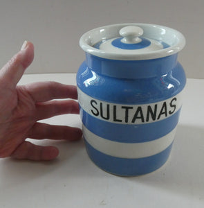 Vintage 1930s TG Green CORNISHWARE Storage Jar. Marked SULTANAS 5 inche