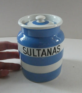 Vintage 1930s TG Green CORNISHWARE Storage Jar. Marked SULTANAS 5 inche