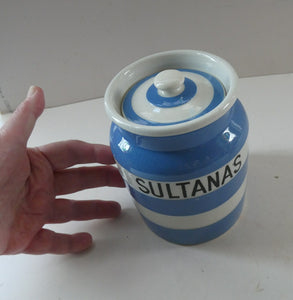 Vintage 1930s TG Green CORNISHWARE Storage Jar. Marked SULTANAS 5 inche