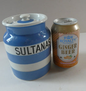 Vintage 1930s TG Green CORNISHWARE Storage Jar. Marked SULTANAS 5 inche