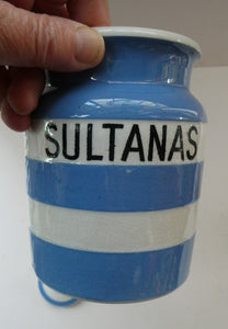 Vintage 1930s TG Green CORNISHWARE Storage Jar. Marked SULTANAS 5 inche