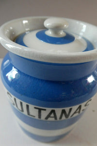 Vintage 1930s TG Green CORNISHWARE Storage Jar. Marked SULTANAS 5 inche