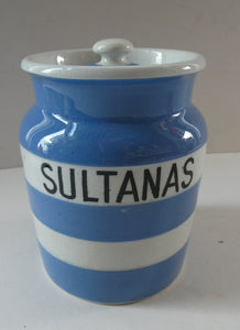 Vintage 1930s TG Green CORNISHWARE Storage Jar. Marked SULTANAS 5 inche