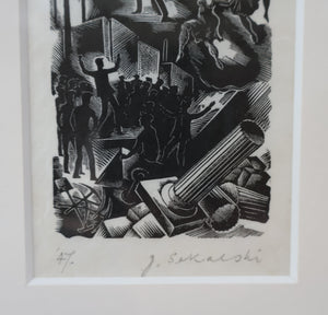 SCOTTISH ART. Rare Original 1947 Wood Engraving by Jozef Sekalski. Design for a Christmas Card Entitled "Boogie Woogie". Pencil Signed