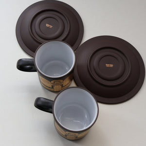 PAIR of 1980s Hornsea MIDAS PATTERN Espresso Cups and Saucers. 22ct Gold on Matt Black