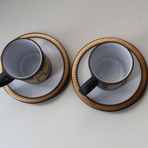 PAIR of 1980s Hornsea MIDAS PATTERN Espresso Cups and Saucers. 22ct Gold on Matt Black