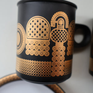 PAIR of 1980s Hornsea MIDAS PATTERN Espresso Cups and Saucers. 22ct Gold on Matt Black