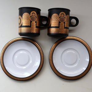 PAIR of 1980s Hornsea MIDAS PATTERN Espresso Cups and Saucers. 22ct Gold on Matt Black