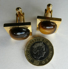 Load image into Gallery viewer, 1960s 1970s Brutalist Gold Tone Cufflinks with Tigers Eye Inclusion
