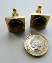 Load image into Gallery viewer, 1960s 1970s Brutalist Gold Tone Cufflinks with Tigers Eye Inclusion
