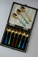 Load image into Gallery viewer, Set of 8 Silver Gilt Enamel Teaspoons Fitted Case
